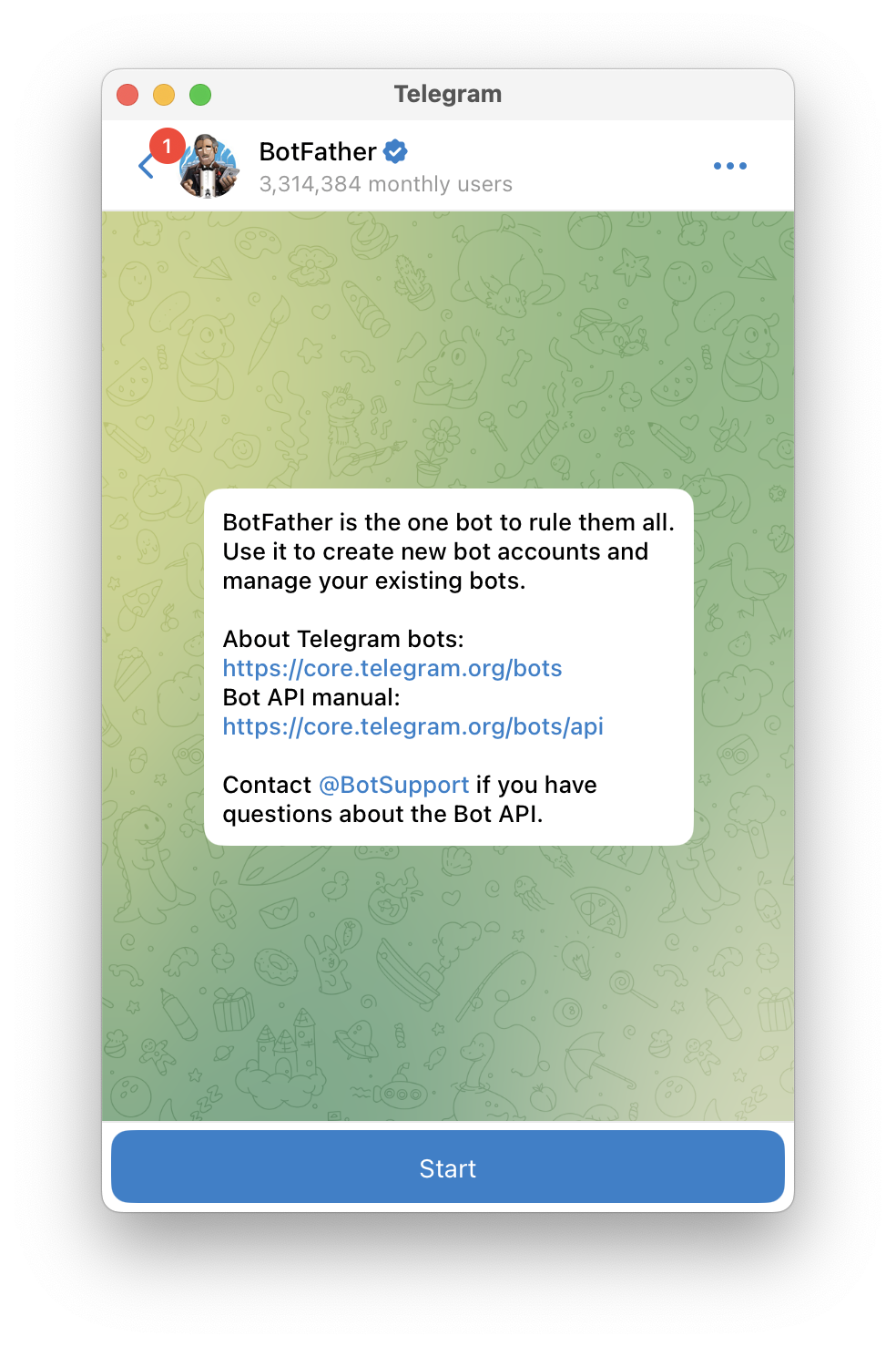 تصویر شروع گفتگو با BotFather